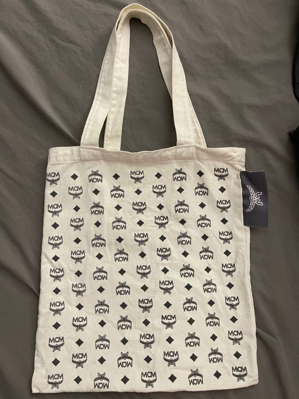 MCM Ivory Canvas Tote with Black Logo Pattern